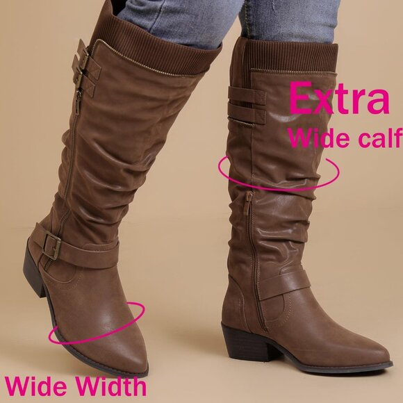 ⚡Women's Brown Extra Wide Calf Knee High Boots Knee High Boots Low Stacked Heel - Picture 3 of 6